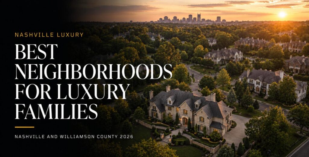 Golden-hour aerial of an established upscale Nashville neighborhood with the downtown skyline beyond