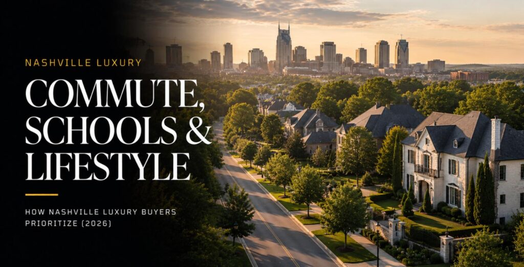 Early morning view of a tree-lined Nashville luxury corridor with the downtown skyline beyond