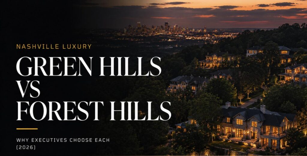 Dusk view over wooded Nashville hillside homes comparing Green Hills and Forest Hills