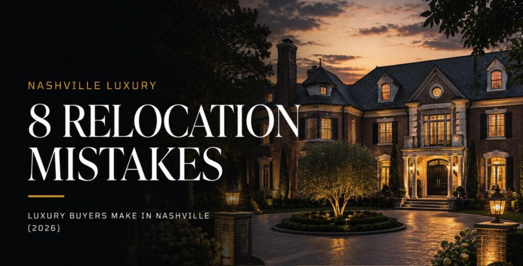 Stately Nashville luxury home at dusk illustrating relocation mistakes luxury buyers make