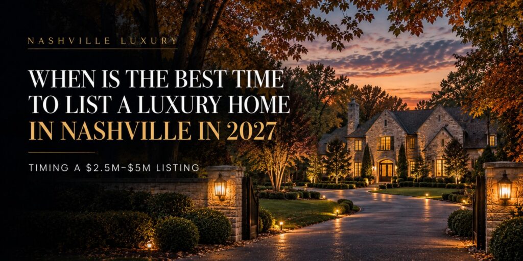 Cover graphic reading When Is the Best Time to List a Luxury Home in Nashville in 2027, Timing a $2.5M–$5M Listing, over a Forest Hills estate under fall canopy at dusk.