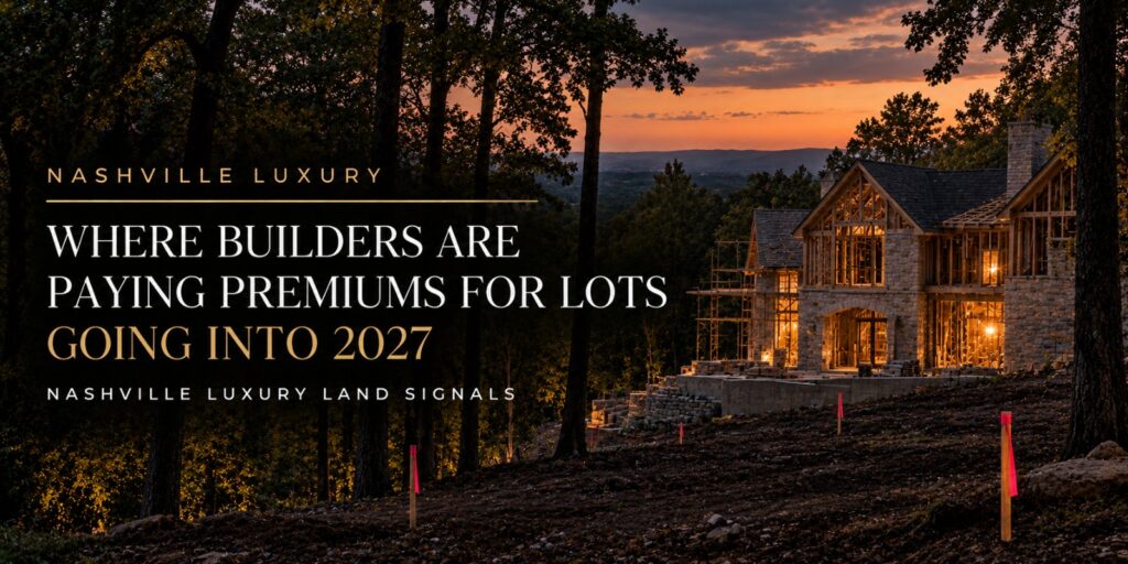 Custom luxury home under construction on a wooded Nashville lot at dusk with the headline Where Builders Are Paying Premiums for Lots Going Into 2027