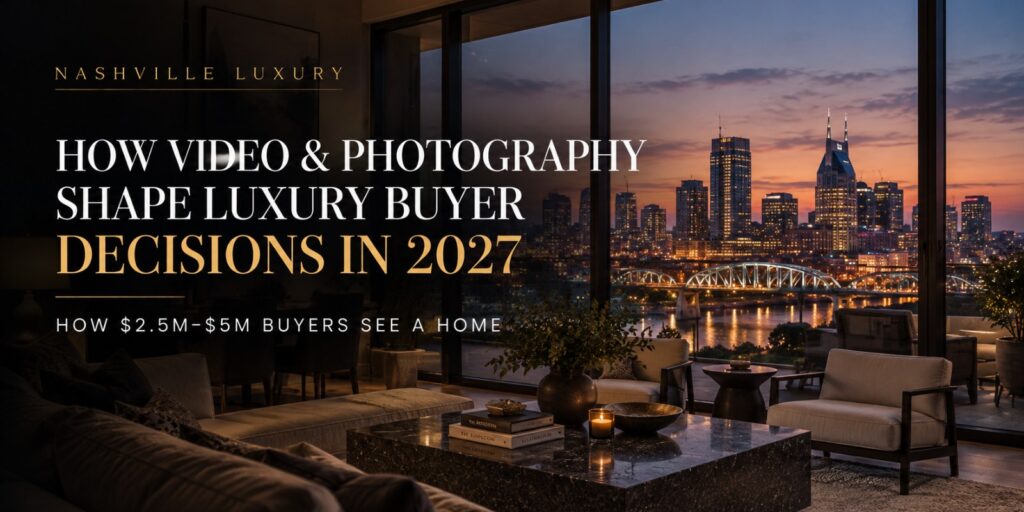 Cover graphic reading How Video & Photography Shape Luxury Buyer Decisions in 2027, How $2.5M–$5M Buyers See a Home, over a Gulch high-rise interior with the Nashville skyline at twilight.