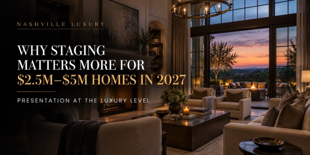 Cover graphic reading Why Staging Matters More for $2.5M–$5M Homes in 2027, Presentation at the Luxury Level, over a Brentwood formal living room at dusk.