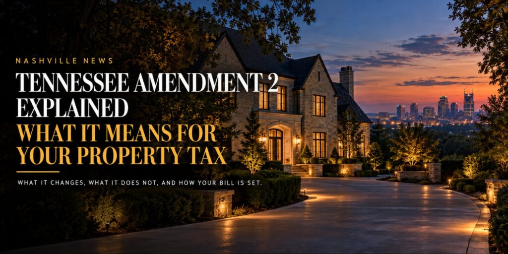 Dusk editorial cover: stone Nashville luxury home with the skyline behind it and the headline Tennessee Amendment 2 Explained, What It Means for Your Property Tax